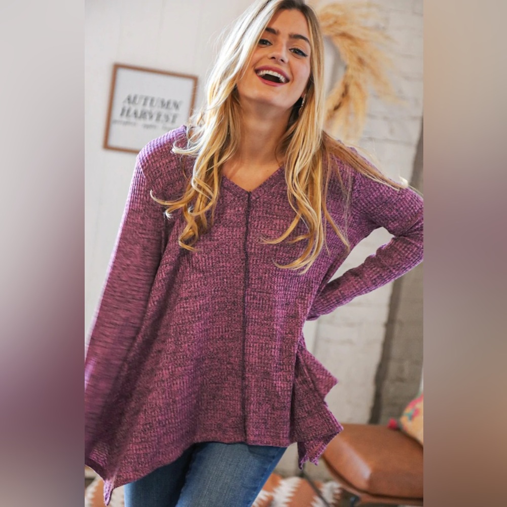 NWT Pink/Purple Shark Bite Hem Flowy Waffle Knit Top with Out Seam Stitching - Picture 4 of 7